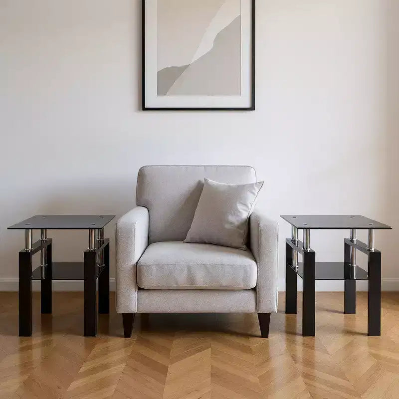 HomeRoots Set of Two Black Glass and Metal Square End Tables With Shelf