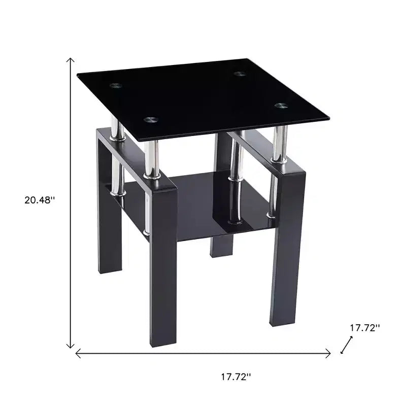 HomeRoots Set of Two Black Glass and Metal Square End Tables With Shelf