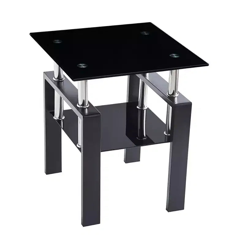 HomeRoots Set of Two Black Glass and Metal Square End Tables With Shelf