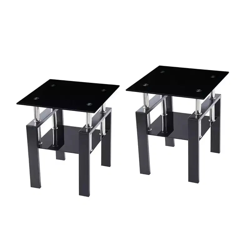 HomeRoots Set of Two Black Glass and Metal Square End Tables With Shelf