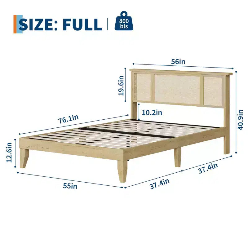 Full-size bed frame with bohemian rattan headboard, wooden slatted base and metal frame support, sturdy and quiet construction, easy assembly.