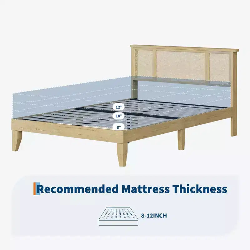 Full-size bed frame with bohemian rattan headboard, wooden slatted base and metal frame support, sturdy and quiet construction, easy assembly.