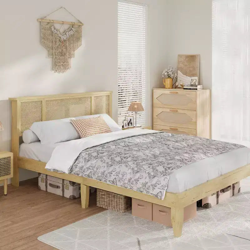 Full-size bed frame with bohemian rattan headboard, wooden slatted base and metal frame support, sturdy and quiet construction, easy assembly.