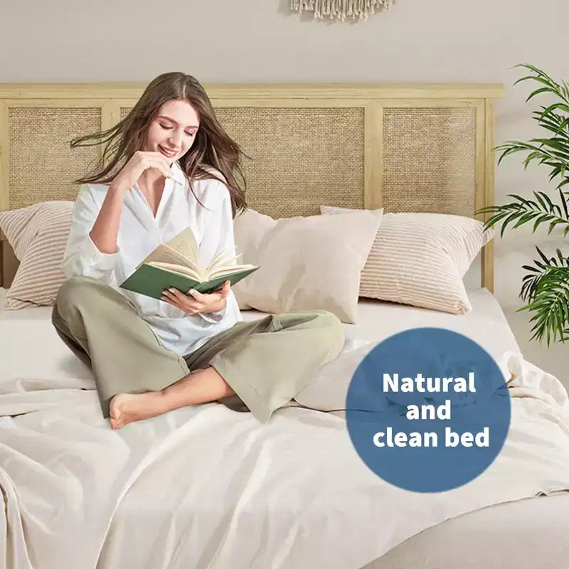 Full-size bed frame with bohemian rattan headboard, wooden slatted base and metal frame support, sturdy and quiet construction, easy assembly.