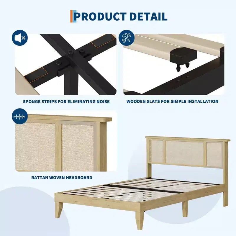 Full-size bed frame with bohemian rattan headboard, wooden slatted base and metal frame support, sturdy and quiet construction, easy assembly.