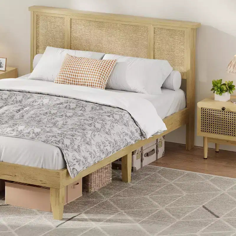 Full-size bed frame with bohemian rattan headboard, wooden slatted base and metal frame support, sturdy and quiet construction, easy assembly.