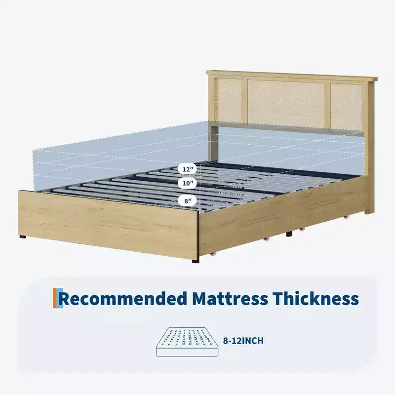 Full-size bed frame with bohemian rattan headboard, wooden slatted base and metal frame support, sturdy and quiet construction, easy assembly.