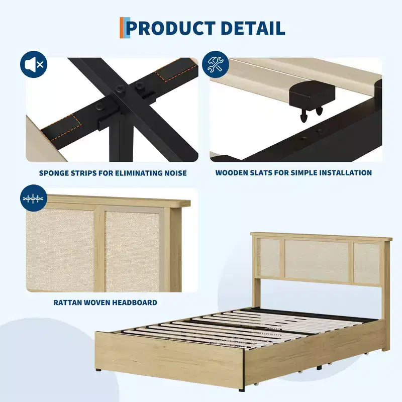 Full-size bed frame with bohemian rattan headboard, wooden slatted base and metal frame support, sturdy and quiet construction, easy assembly.