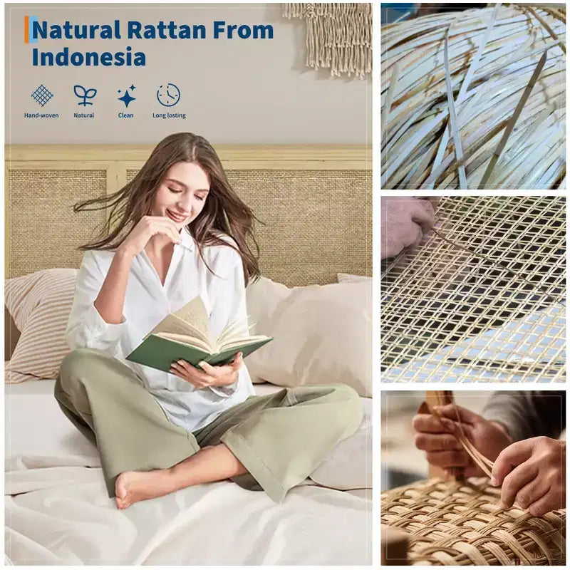Full-size bed frame with bohemian rattan headboard, wooden slatted base and metal frame support, sturdy and quiet construction, easy assembly.
