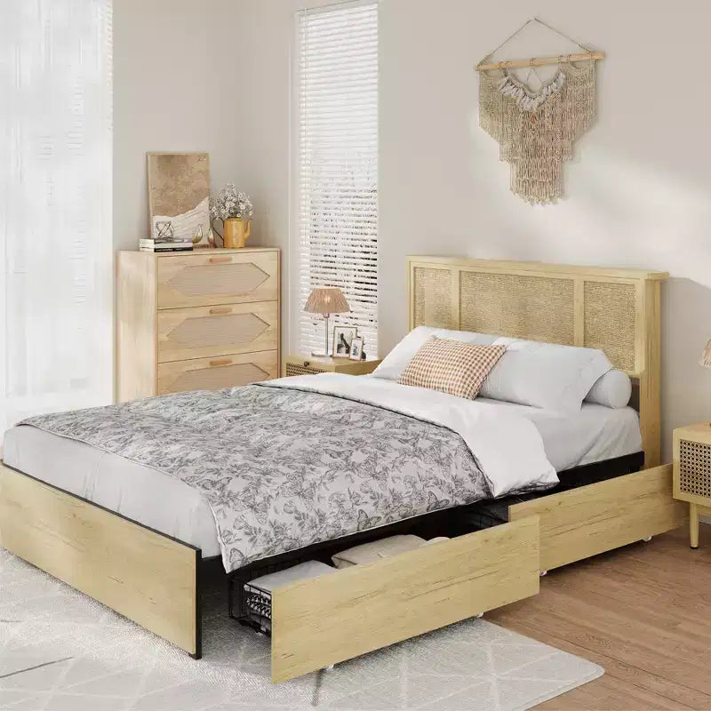 Full-size bed frame with bohemian rattan headboard, wooden slatted base and metal frame support, sturdy and quiet construction, easy assembly.