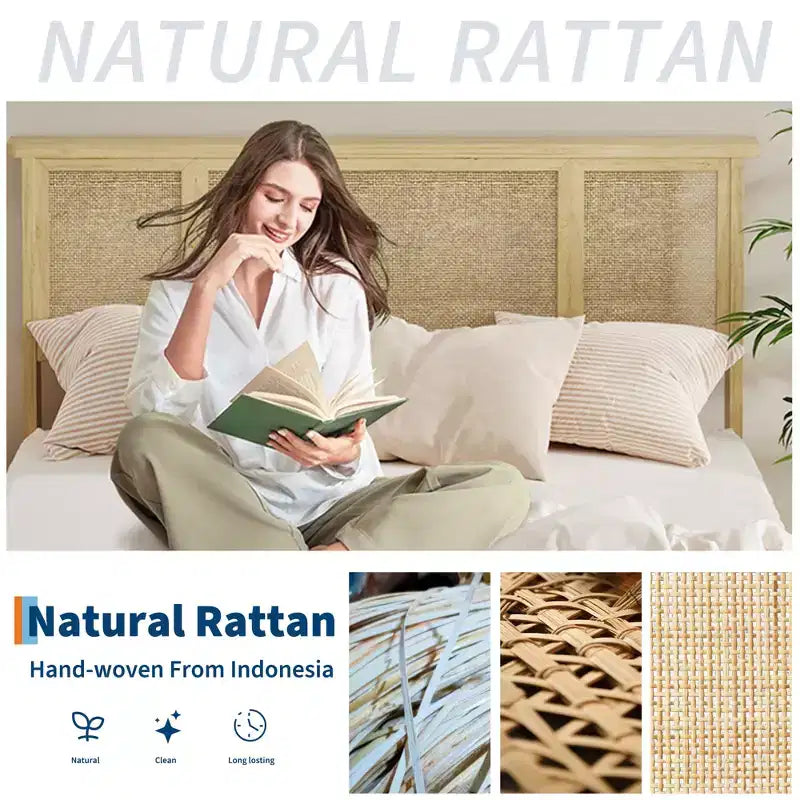 Full-size bed frame with bohemian rattan headboard, wooden slatted base and metal frame support, sturdy and quiet construction, easy assembly.