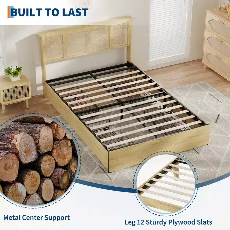 Full-size bed frame with bohemian rattan headboard, wooden slatted base and metal frame support, sturdy and quiet construction, easy assembly.