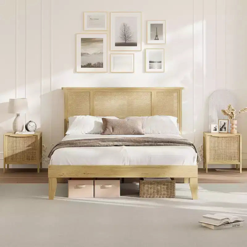 Full-size bed frame with bohemian rattan headboard, wooden slatted base and metal frame support, sturdy and quiet construction, easy assembly.