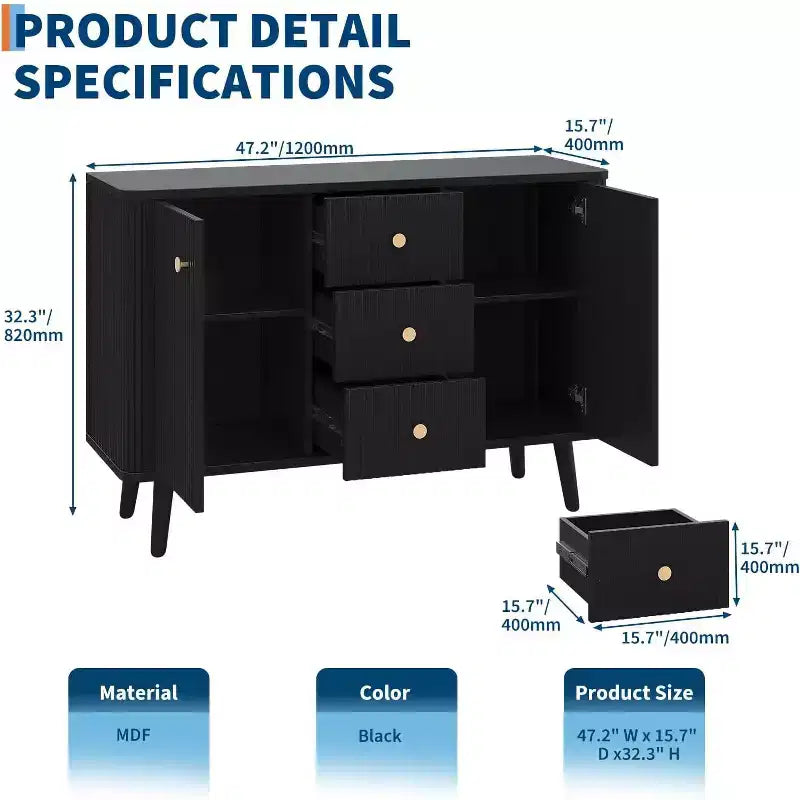 47 Sideboard Cabinet with Drawers, Fluted Storage Cabinet with 2 Doors and 3 Drawers, for Entryway, Kitchen, Living Room-