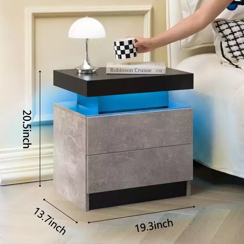 Nightstand Bedside Table Cabinet Modern End Side with 2 Drawers for Bedroom (Black+Gray)