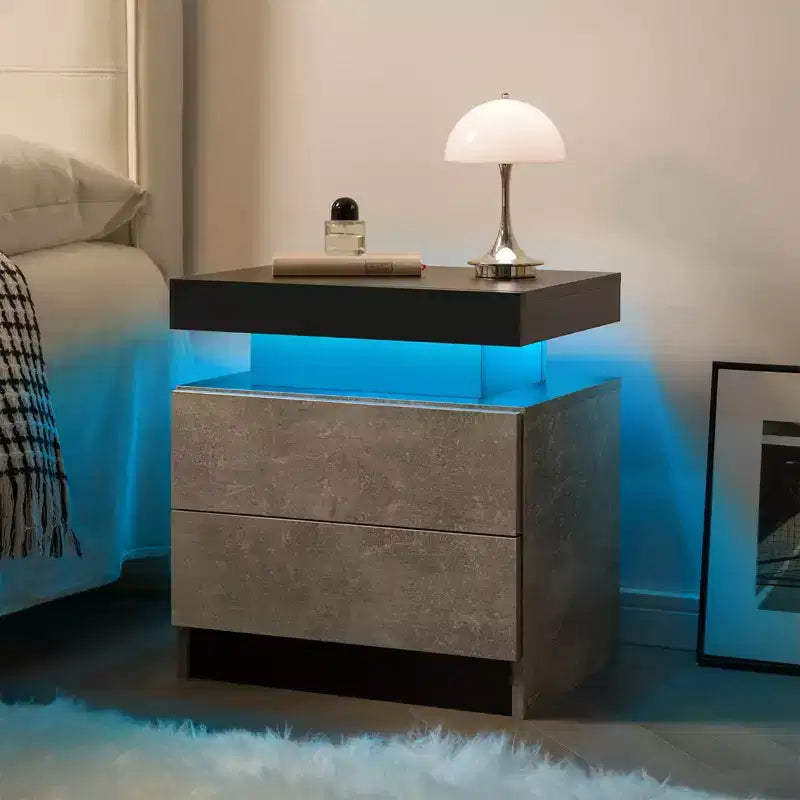 Nightstand Bedside Table Cabinet Modern End Side with 2 Drawers for Bedroom (Black+Gray)