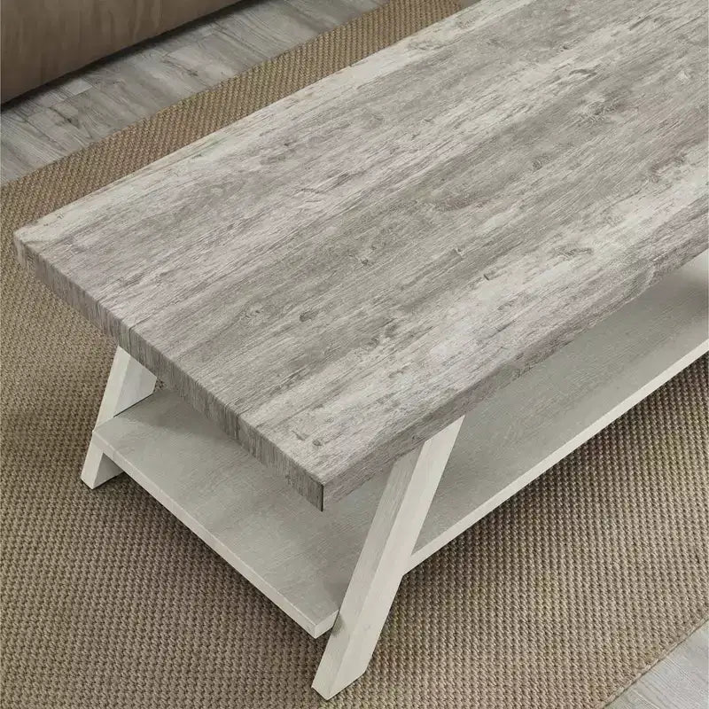 Fun little toys brand Athens Contemporary Two-Tone Wood Shelf Coffee Table in Weathered Gray and Beige