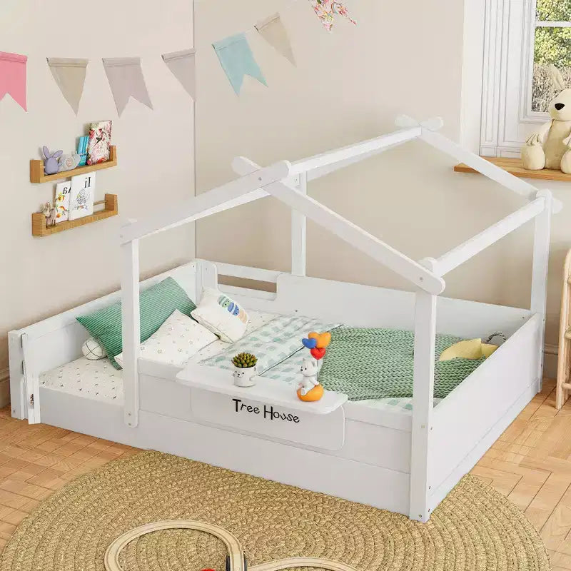 JVNOXK Full Size Floor Bed with Guardrails and Roof, Kids House Floor Bed with a Small Built-in Tray and Free-installed Signboard,White