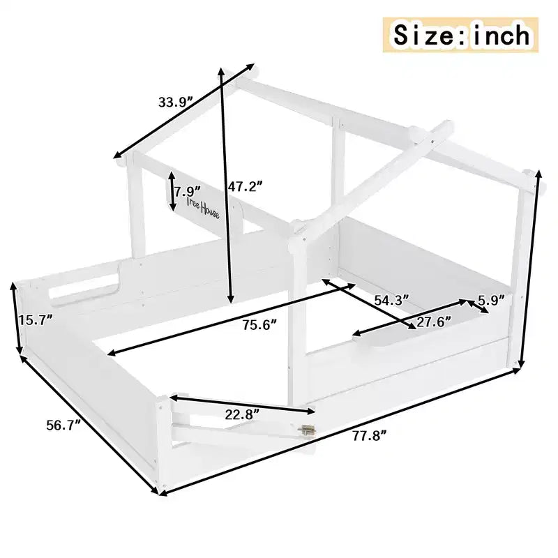 JVNOXK Full Size Floor Bed with Guardrails and Roof, Kids House Floor Bed with a Small Built-in Tray and Free-installed Signboard,White