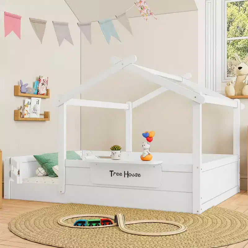 JVNOXK Full Size Floor Bed with Guardrails and Roof, Kids House Floor Bed with a Small Built-in Tray and Free-installed Signboard,White