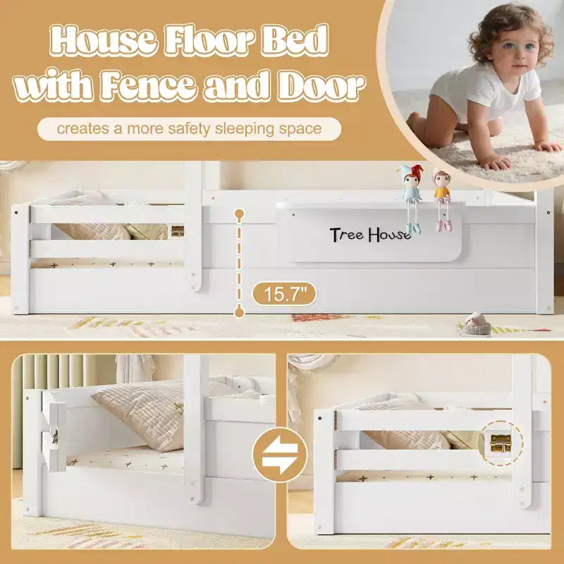 JVNOXK Full Size Floor Bed with Guardrails and Roof, Kids House Floor Bed with a Small Built-in Tray and Free-installed Signboard,White