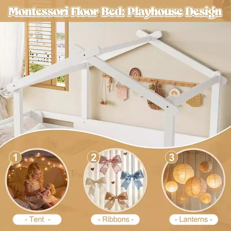 JVNOXK Full Size Floor Bed with Guardrails and Roof, Kids House Floor Bed with a Small Built-in Tray and Free-installed Signboard,White
