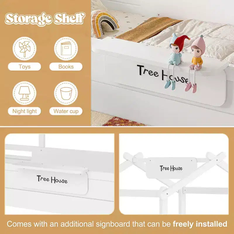 JVNOXK Full Size Floor Bed with Guardrails and Roof, Kids House Floor Bed with a Small Built-in Tray and Free-installed Signboard,White