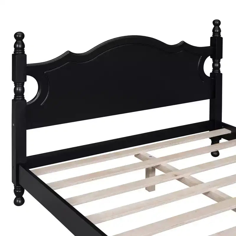 Full Wood Platform Bed Frame, Retro Style Bed with Slat Support, Black