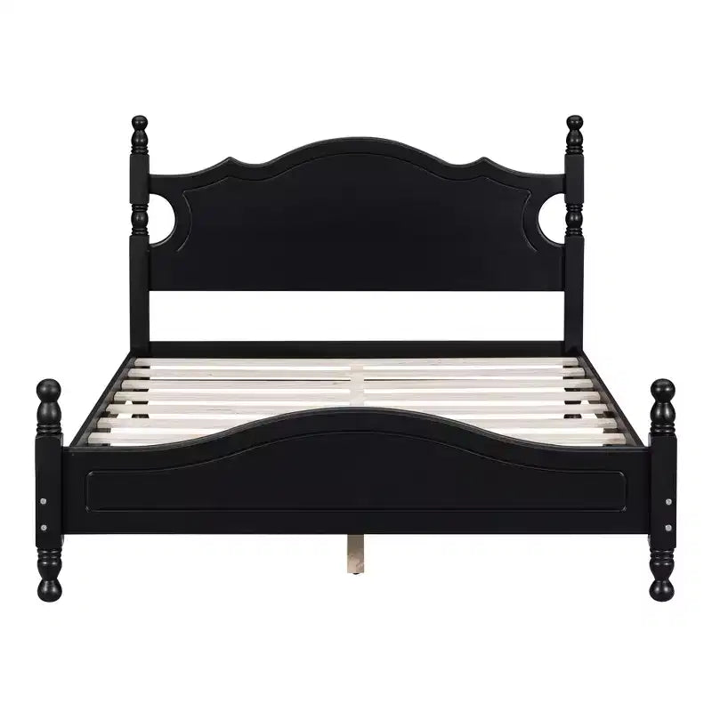 Full Wood Platform Bed Frame, Retro Style Bed with Slat Support, Black