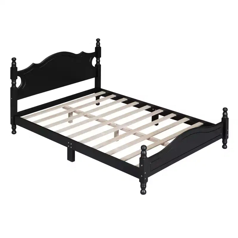 Full Wood Platform Bed Frame, Retro Style Bed with Slat Support, Black