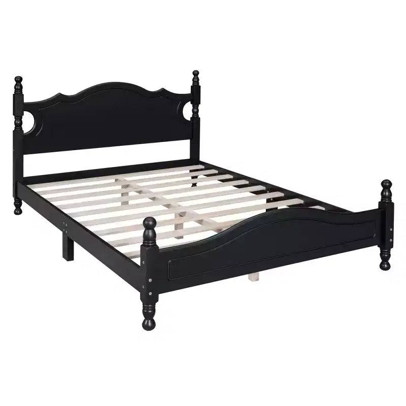 Full Wood Platform Bed Frame, Retro Style Bed with Slat Support, Black