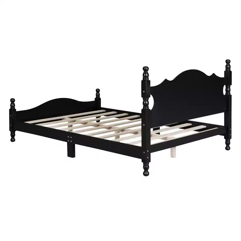 Full Wood Platform Bed Frame, Retro Style Bed with Slat Support, Black