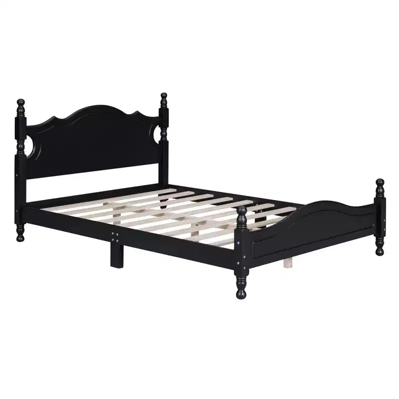Full Wood Platform Bed Frame, Retro Style Bed with Slat Support, Black