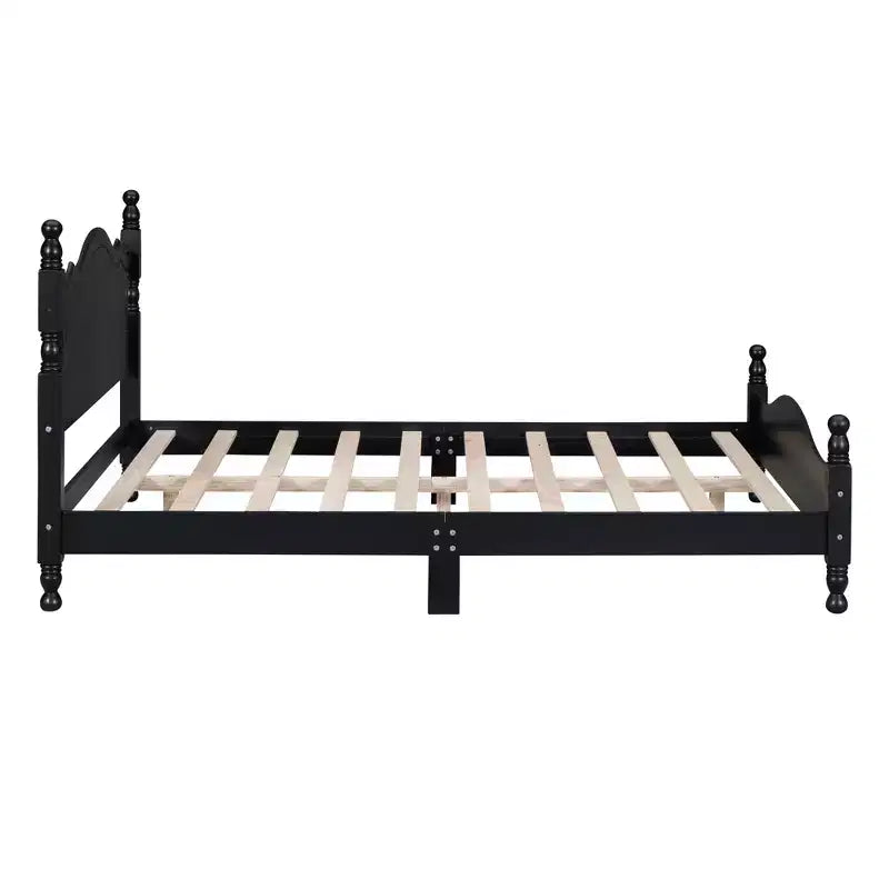 Full Wood Platform Bed Frame, Retro Style Bed with Slat Support, Black