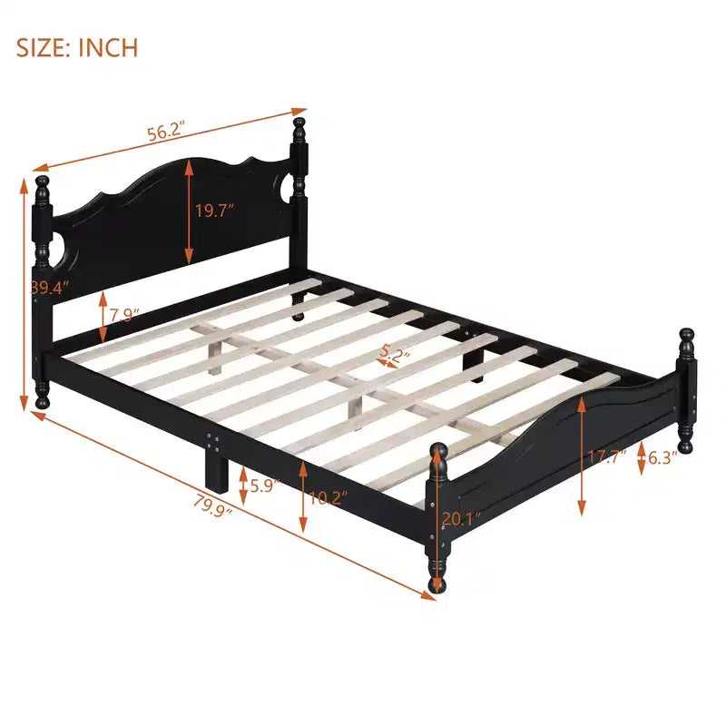 Full Wood Platform Bed Frame, Retro Style Bed with Slat Support, Black