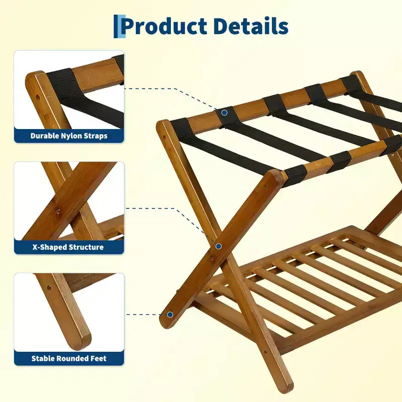 Folding Bamboo Luggage Rack for Guest Room, Suitcase Stand with Shoe Shelf & Strong Straps, 150 Lb Capacity, Ideal for Bedroom/Hotel