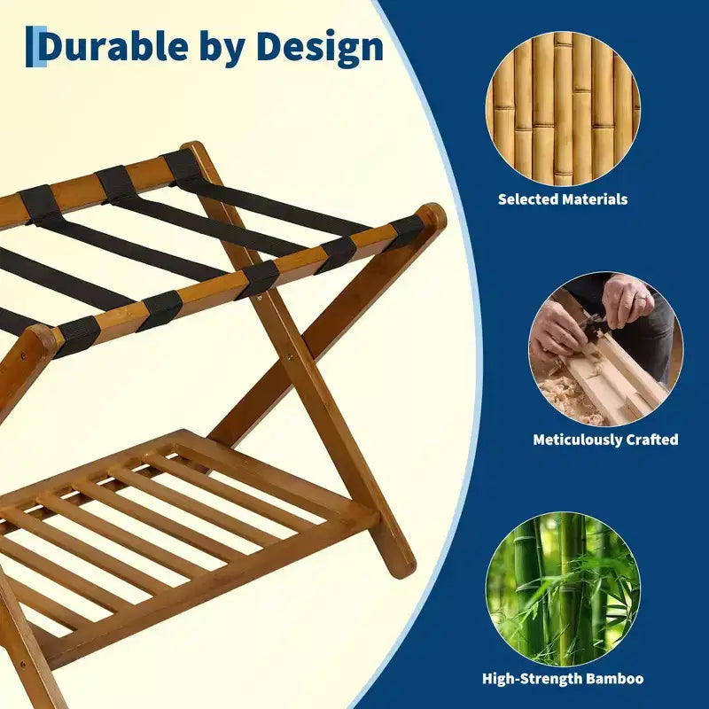 Folding Bamboo Luggage Rack for Guest Room, Suitcase Stand with Shoe Shelf & Strong Straps, 150 Lb Capacity, Ideal for Bedroom/Hotel
