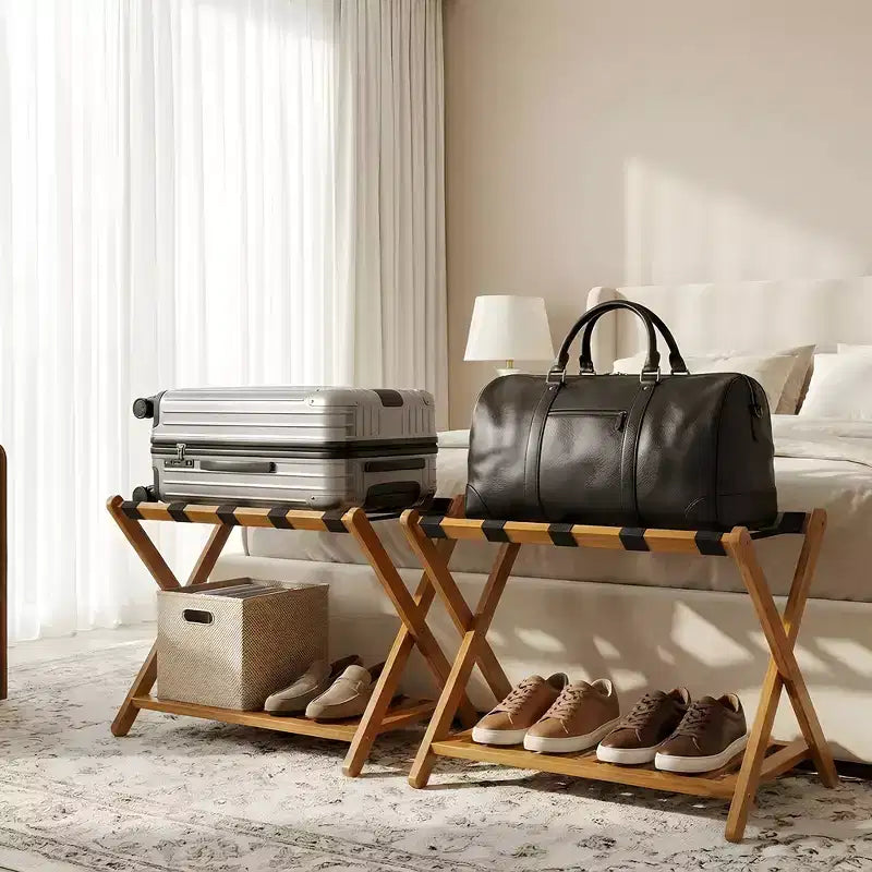 Folding Bamboo Luggage Rack for Guest Room, Suitcase Stand with Shoe Shelf & Strong Straps, 150 Lb Capacity, Ideal for Bedroom/Hotel