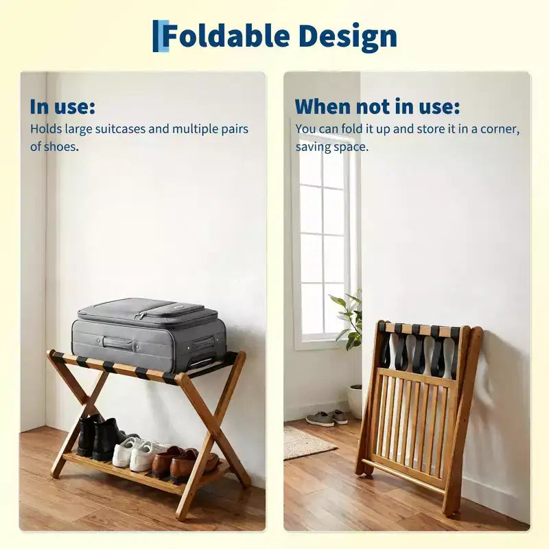 Folding Bamboo Luggage Rack for Guest Room, Suitcase Stand with Shoe Shelf & Strong Straps, 150 Lb Capacity, Ideal for Bedroom/Hotel