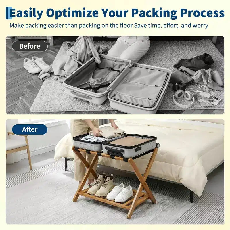 Folding Bamboo Luggage Rack for Guest Room, Suitcase Stand with Shoe Shelf & Strong Straps, 150 Lb Capacity, Ideal for Bedroom/Hotel