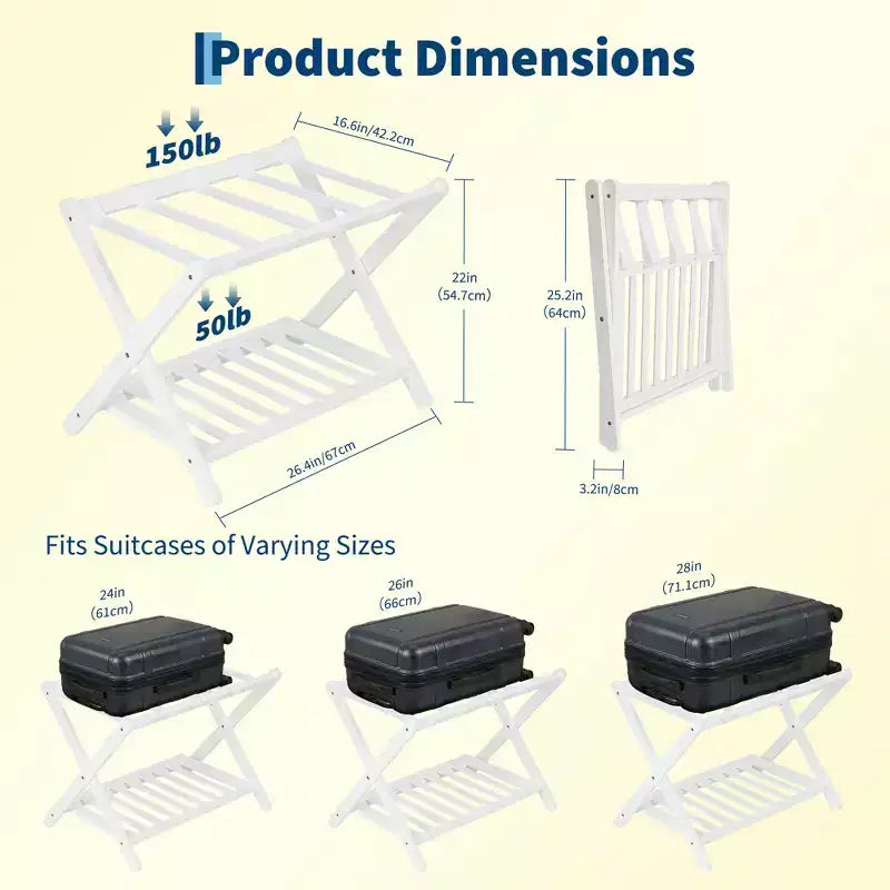 Folding Bamboo Luggage Rack for Guest Room, Suitcase Stand with Shoe Shelf & Strong Straps, 150 Lb Capacity, Ideal for Bedroom/Hotel