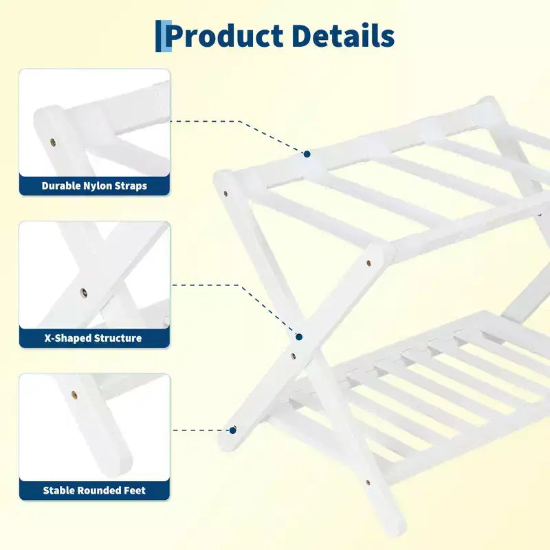 Folding Bamboo Luggage Rack for Guest Room, Suitcase Stand with Shoe Shelf & Strong Straps, 150 Lb Capacity, Ideal for Bedroom/Hotel