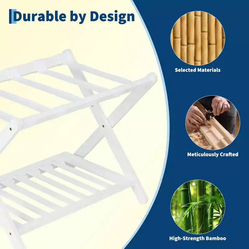 Folding Bamboo Luggage Rack for Guest Room, Suitcase Stand with Shoe Shelf & Strong Straps, 150 Lb Capacity, Ideal for Bedroom/Hotel