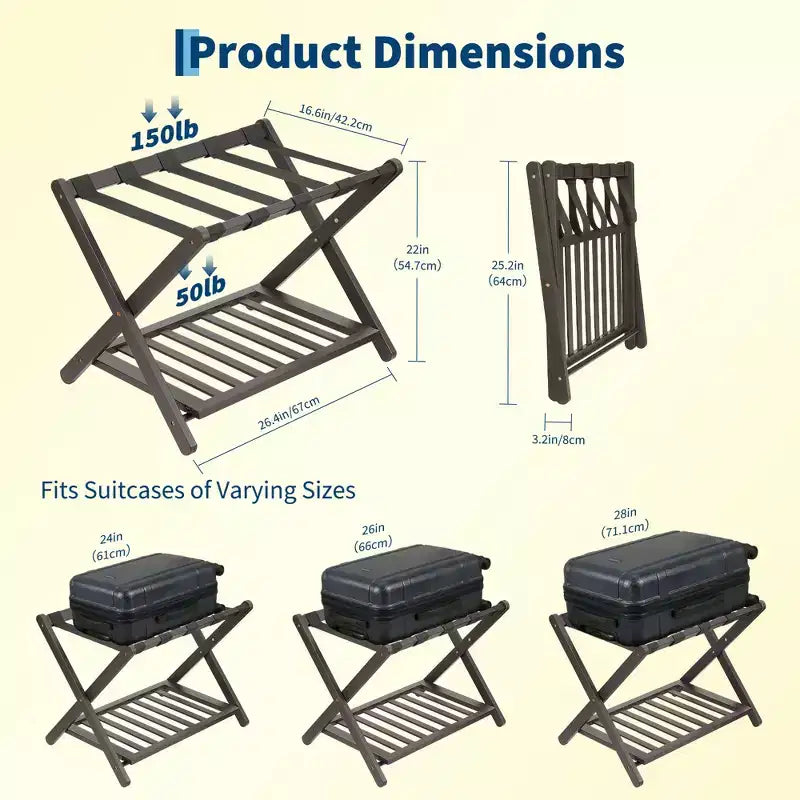 Folding Bamboo Luggage Rack for Guest Room, Suitcase Stand with Shoe Shelf & Strong Straps, 150 Lb Capacity, Ideal for Bedroom/Hotel