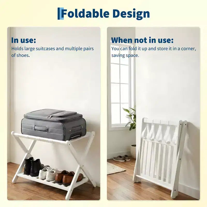 Folding Bamboo Luggage Rack for Guest Room, Suitcase Stand with Shoe Shelf & Strong Straps, 150 Lb Capacity, Ideal for Bedroom/Hotel