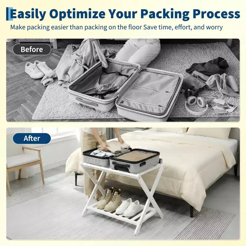Folding Bamboo Luggage Rack for Guest Room, Suitcase Stand with Shoe Shelf & Strong Straps, 150 Lb Capacity, Ideal for Bedroom/Hotel
