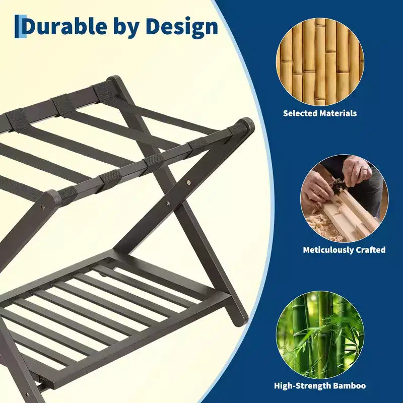 Folding Bamboo Luggage Rack for Guest Room, Suitcase Stand with Shoe Shelf & Strong Straps, 150 Lb Capacity, Ideal for Bedroom/Hotel