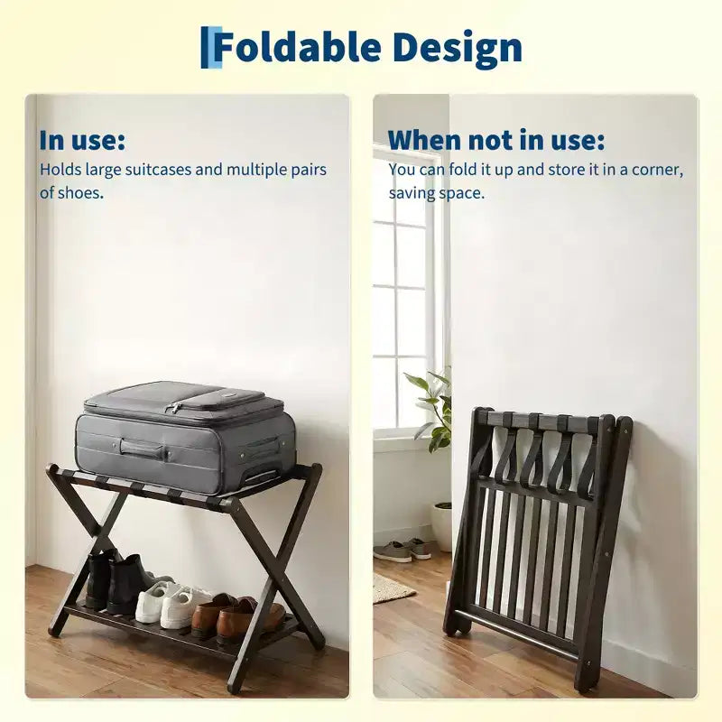 Folding Bamboo Luggage Rack for Guest Room, Suitcase Stand with Shoe Shelf & Strong Straps, 150 Lb Capacity, Ideal for Bedroom/Hotel