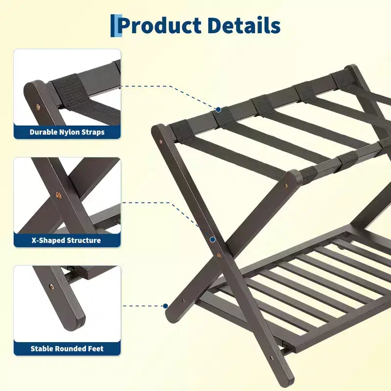 Folding Bamboo Luggage Rack for Guest Room, Suitcase Stand with Shoe Shelf & Strong Straps, 150 Lb Capacity, Ideal for Bedroom/Hotel