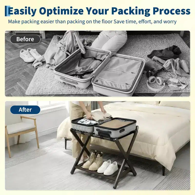 Folding Bamboo Luggage Rack for Guest Room, Suitcase Stand with Shoe Shelf & Strong Straps, 150 Lb Capacity, Ideal for Bedroom/Hotel